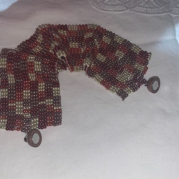 Vintage Handmade Seed Bead Copper Tone Patchwork Bracelet - Picture 8 of 13